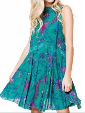 Free People She Moves Floral High-Neck Mini Dress - M